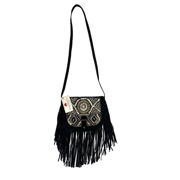 Big Buddha Shoulder Crossbody Bag Black Suede Fringe Gold Beaded Bohemian - NWT - Picture 3 of 14